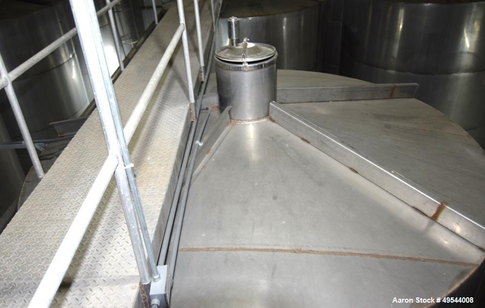 Used Tank, Approximate 19,500 Gallon, 14 Gauge Stainless steel, Vertical. Approximate 130” diameter x 336” straight side, coned top, 7” sloped bottom. Openings top 16” man way with cover and approxim...
