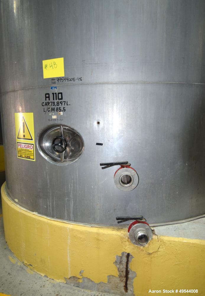 Used Tank, Approximate 19,500 Gallon, 14 Gauge Stainless steel, Vertical. Approximate 130” diameter x 336” straight side, coned top, 7” sloped bottom. Openings top 16” man way with cover and approxim...
