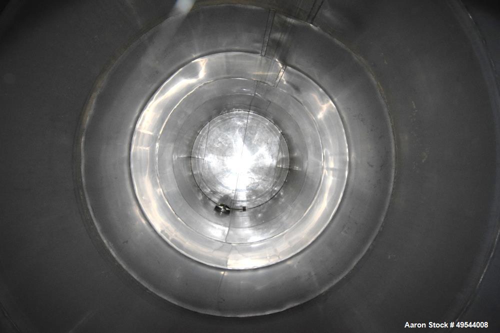 Used Tank, Approximate 19,500 Gallon, 14 Gauge Stainless steel, Vertical. Approximate 130” diameter x 336” straight side, coned top, 7” sloped bottom. Openings top 16” man way with cover and approxim...