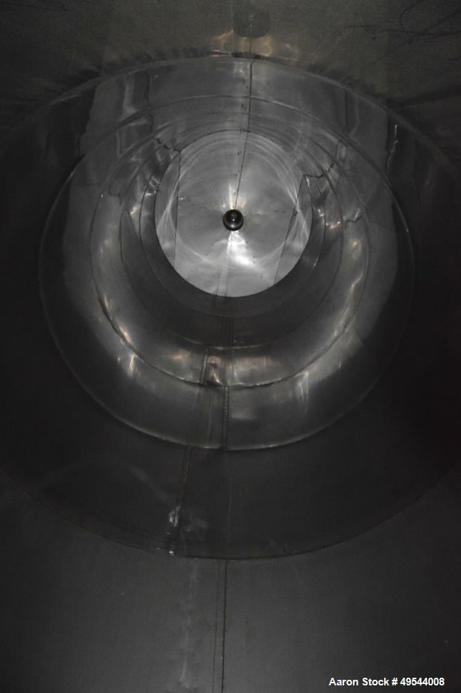 Used Tank, Approximate 19,500 Gallon, 14 Gauge Stainless steel, Vertical. Approximate 130” diameter x 336” straight side, coned top, 7” sloped bottom. Openings top 16” man way with cover and approxim...