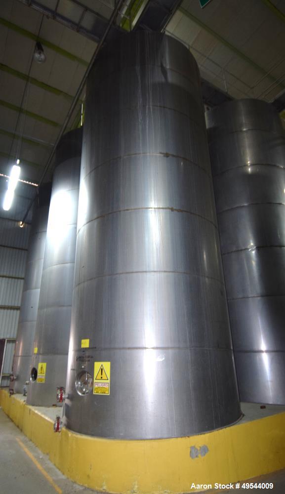 Used Tank, Approximate 19,500 Gallon, 14 Gauge Stainless steel, Vertical. Approximate 130” diameter x 336” straight side, coned top, 7” sloped bottom. Openings top 16” man way with cover and approxim...