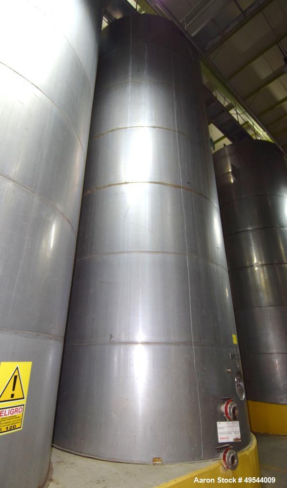 Used Tank, Approximate 19,500 Gallon, 14 Gauge Stainless steel, Vertical. Approximate 130” diameter x 336” straight side, coned top, 7” sloped bottom. Openings top 16” man way with cover and approxim...