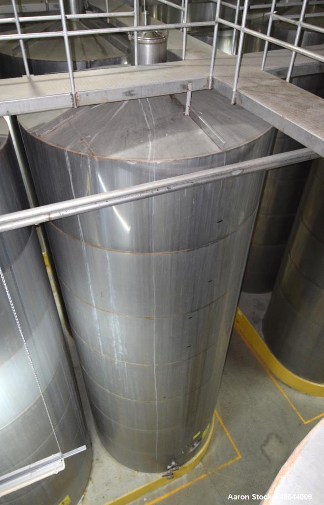 Used Tank, Approximate 19,500 Gallon, 14 Gauge Stainless steel, Vertical. Approximate 130” diameter x 336” straight side, coned top, 7” sloped bottom. Openings top 16” man way with cover and approxim...