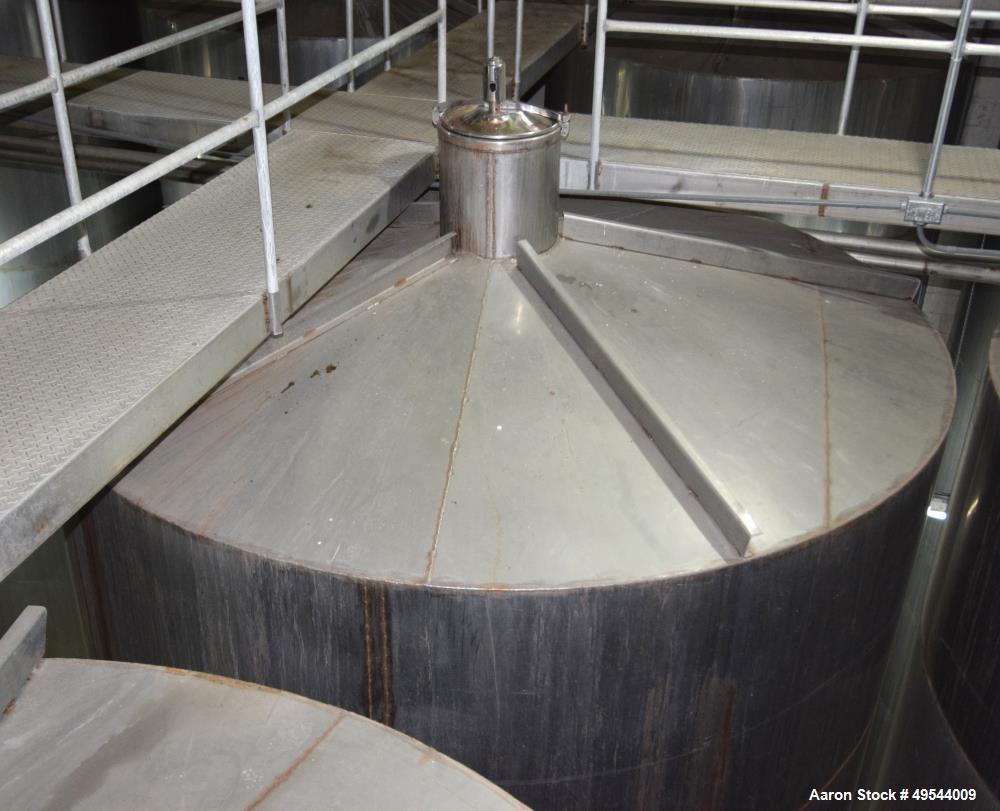 Used Tank, Approximate 19,500 Gallon, 14 Gauge Stainless steel, Vertical. Approximate 130” diameter x 336” straight side, coned top, 7” sloped bottom. Openings top 16” man way with cover and approxim...