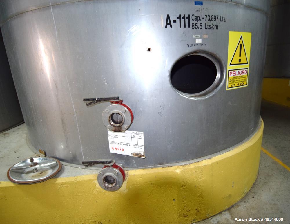 Used Tank, Approximate 19,500 Gallon, 14 Gauge Stainless steel, Vertical. Approximate 130” diameter x 336” straight side, coned top, 7” sloped bottom. Openings top 16” man way with cover and approxim...