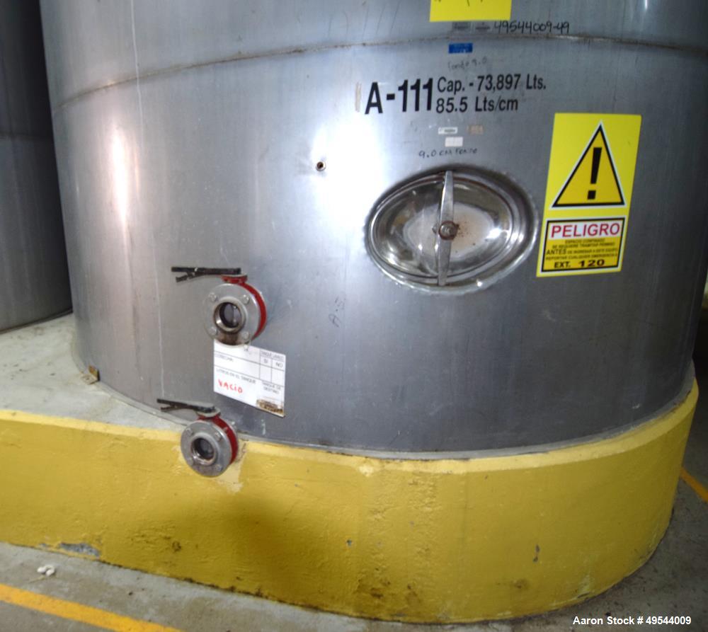 Used Tank, Approximate 19,500 Gallon, 14 Gauge Stainless steel, Vertical. Approximate 130” diameter x 336” straight side, coned top, 7” sloped bottom. Openings top 16” man way with cover and approxim...
