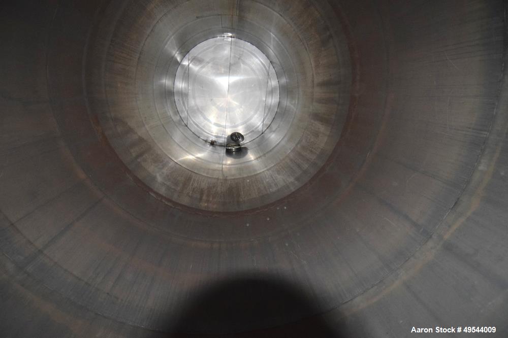 Used Tank, Approximate 19,500 Gallon, 14 Gauge Stainless steel, Vertical. Approximate 130” diameter x 336” straight side, coned top, 7” sloped bottom. Openings top 16” man way with cover and approxim...