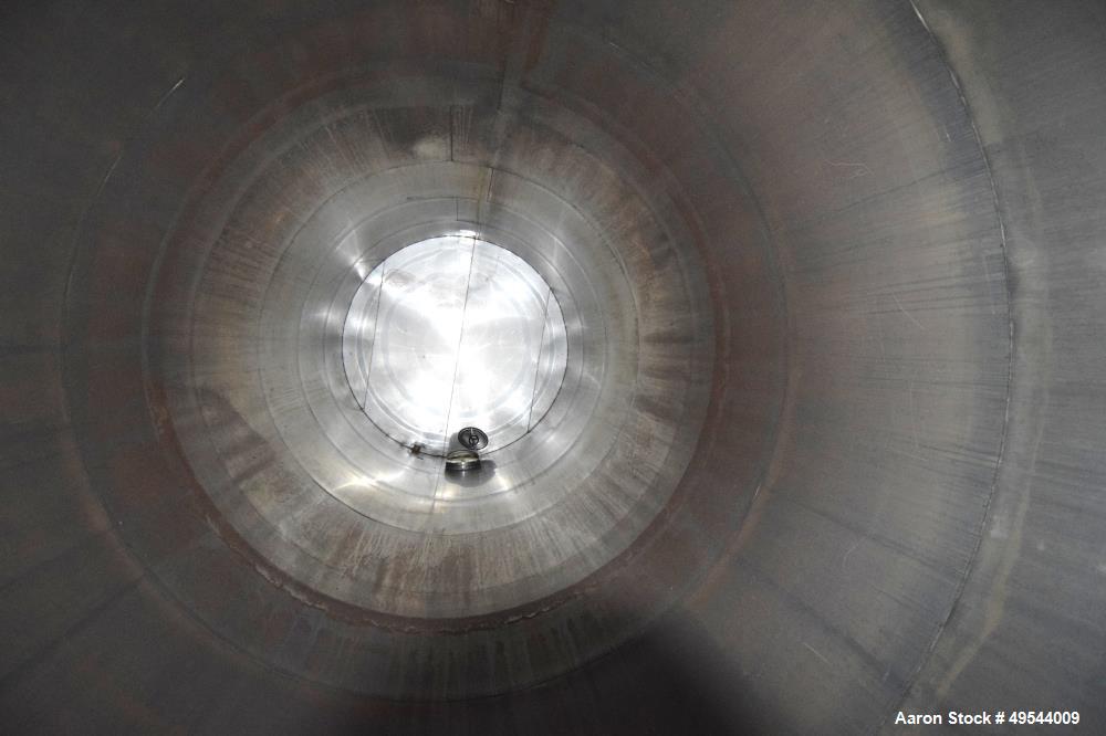 Used Tank, Approximate 19,500 Gallon, 14 Gauge Stainless steel, Vertical. Approximate 130” diameter x 336” straight side, coned top, 7” sloped bottom. Openings top 16” man way with cover and approxim...