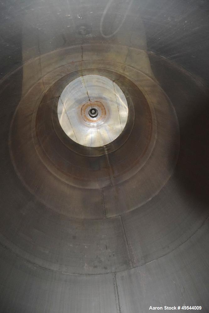 Used Tank, Approximate 19,500 Gallon, 14 Gauge Stainless steel, Vertical. Approximate 130” diameter x 336” straight side, coned top, 7” sloped bottom. Openings top 16” man way with cover and approxim...