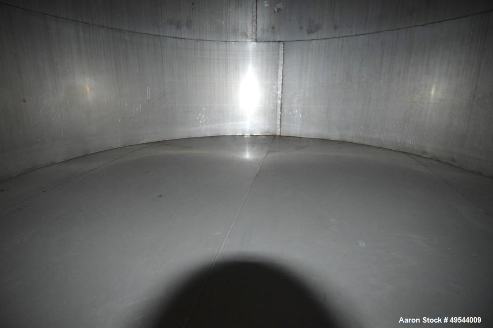 Used Tank, Approximate 19,500 Gallon, 14 Gauge Stainless steel, Vertical. Approximate 130” diameter x 336” straight side, coned top, 7” sloped bottom. Openings top 16” man way with cover and approxim...