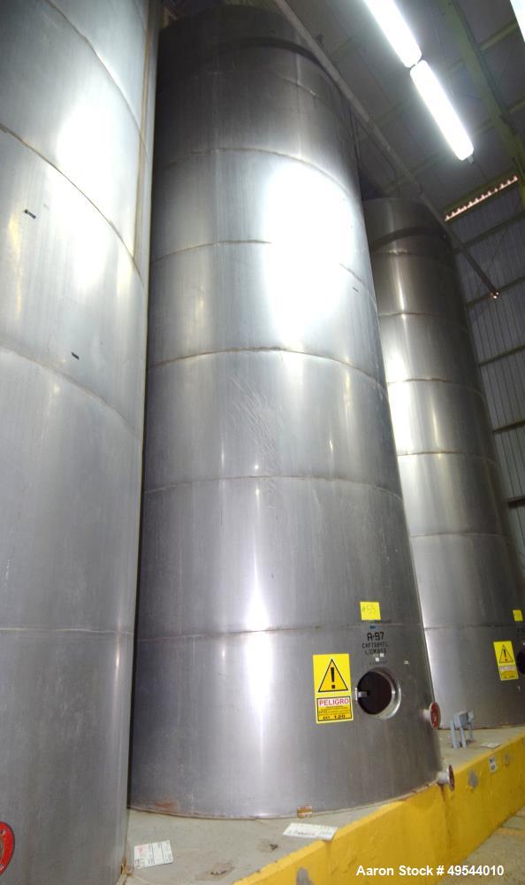 Used Tank, Approximate 19,500 Gallon, 14 Gauge Stainless steel, Vertical. Approximate 130” diameter x 336” straight side, coned top, 7” sloped bottom. Openings top 16” man way no cover and approximat...