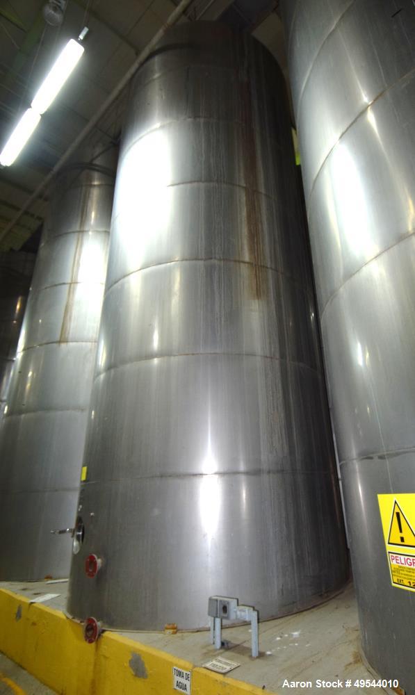 Used Tank, Approximate 19,500 Gallon, 14 Gauge Stainless steel, Vertical. Approximate 130” diameter x 336” straight side, coned top, 7” sloped bottom. Openings top 16” man way no cover and approximat...