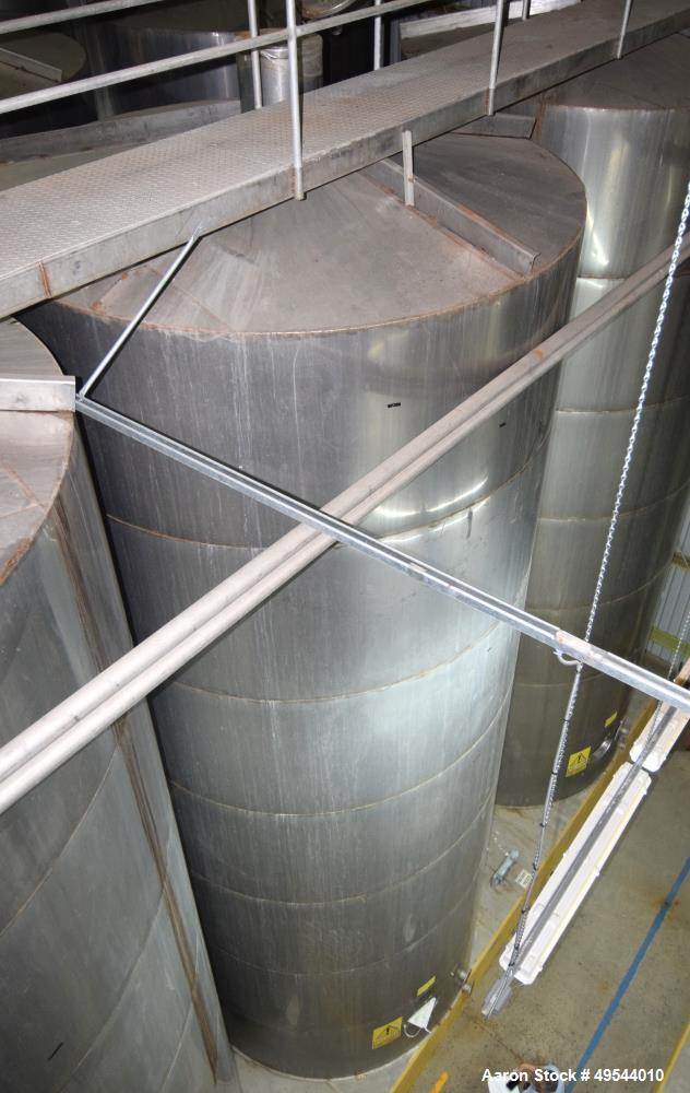 Used Tank, Approximate 19,500 Gallon, 14 Gauge Stainless steel, Vertical. Approximate 130” diameter x 336” straight side, coned top, 7” sloped bottom. Openings top 16” man way no cover and approximat...