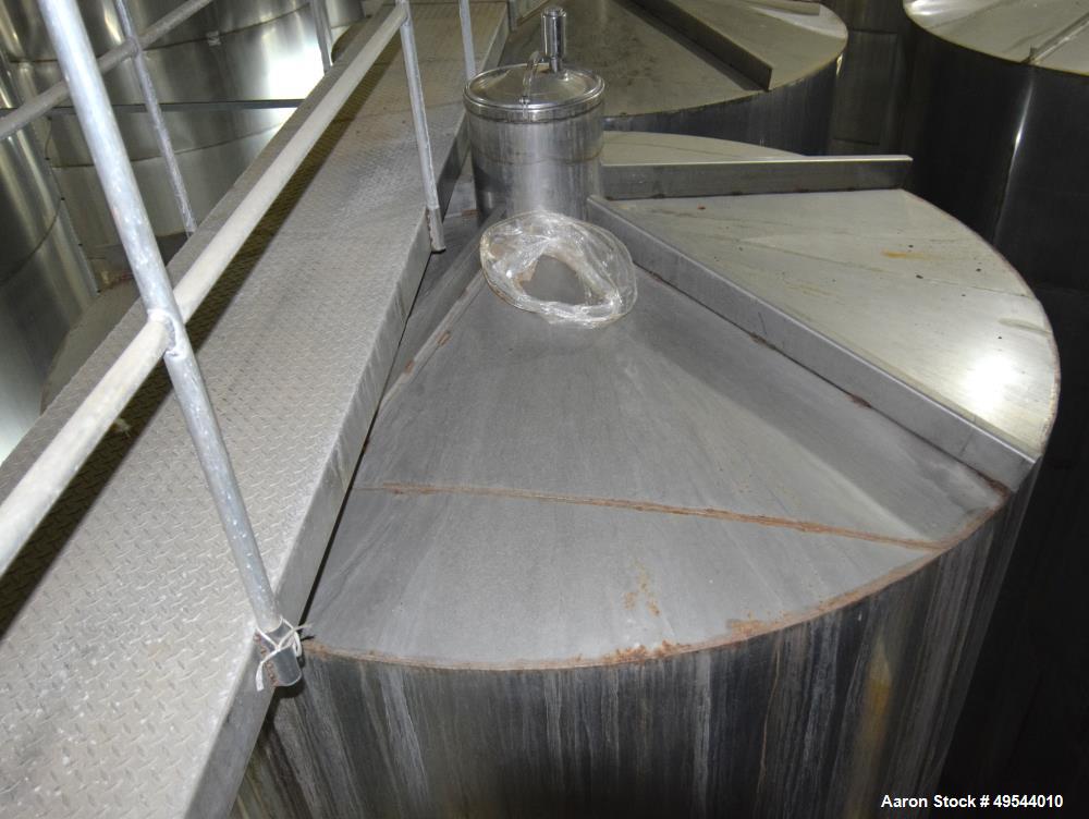 Used Tank, Approximate 19,500 Gallon, 14 Gauge Stainless steel, Vertical. Approximate 130” diameter x 336” straight side, coned top, 7” sloped bottom. Openings top 16” man way no cover and approximat...