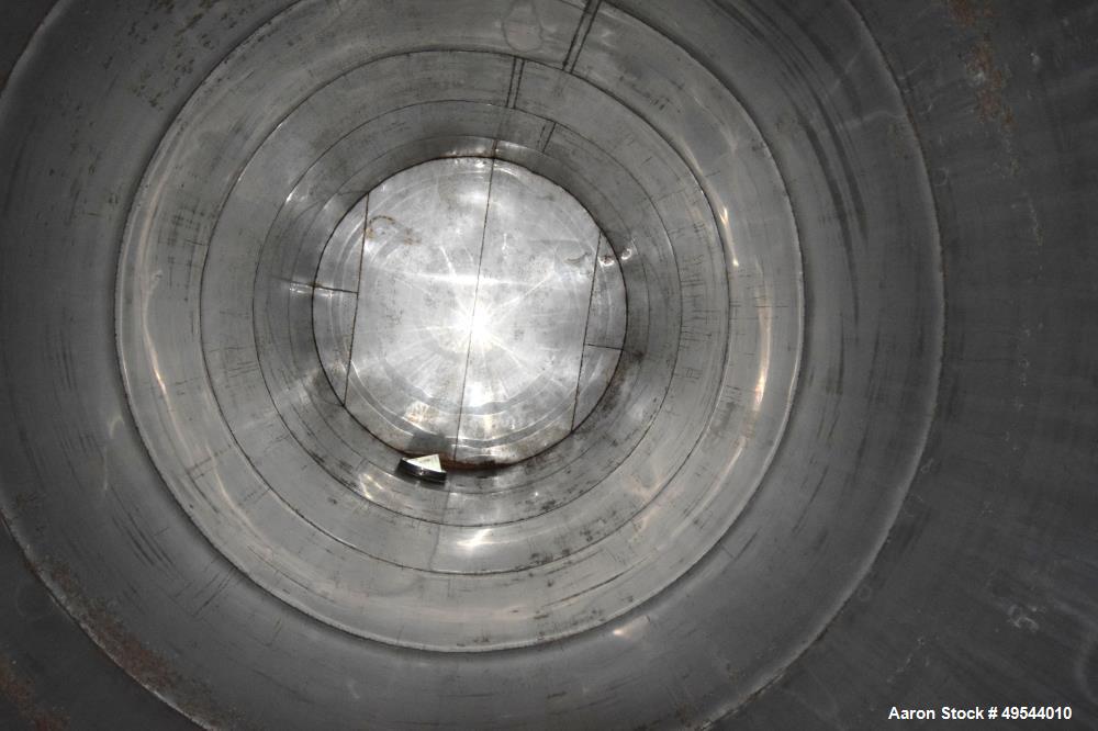 Used Tank, Approximate 19,500 Gallon, 14 Gauge Stainless steel, Vertical. Approximate 130” diameter x 336” straight side, coned top, 7” sloped bottom. Openings top 16” man way no cover and approximat...