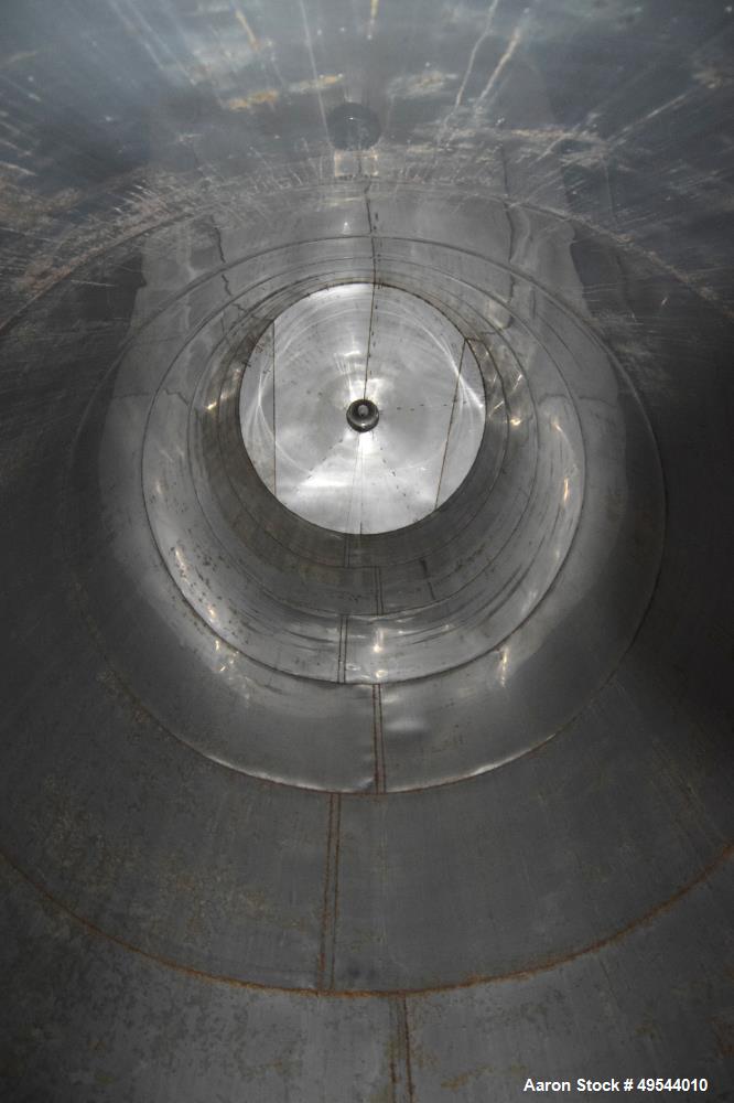 Used Tank, Approximate 19,500 Gallon, 14 Gauge Stainless steel, Vertical. Approximate 130” diameter x 336” straight side, coned top, 7” sloped bottom. Openings top 16” man way no cover and approximat...