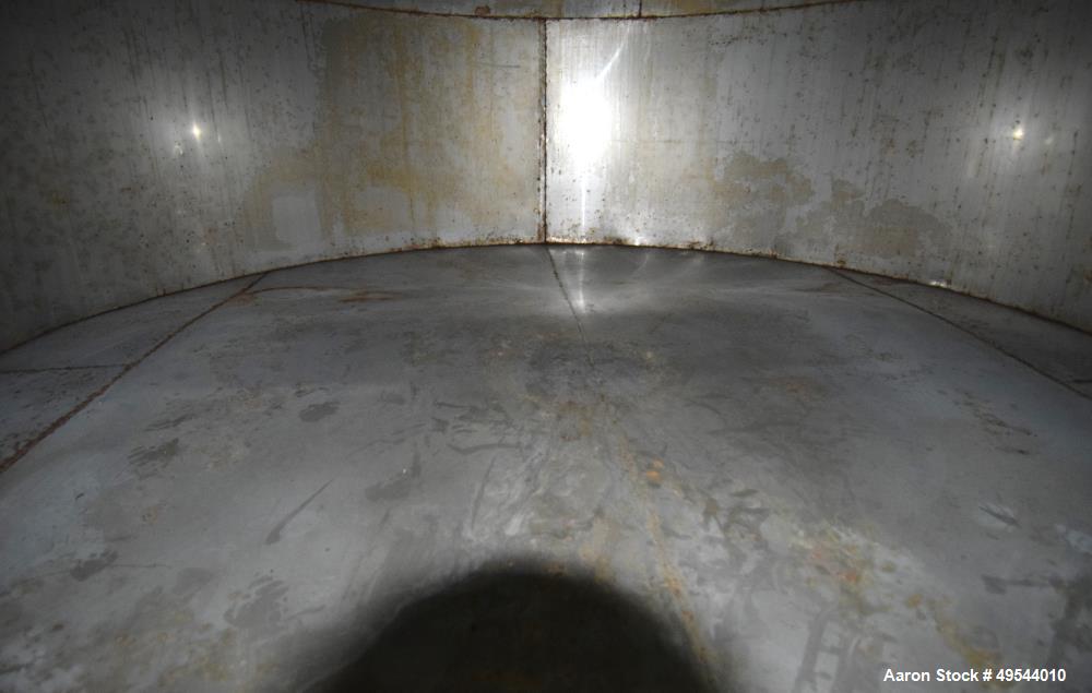 Used Tank, Approximate 19,500 Gallon, 14 Gauge Stainless steel, Vertical. Approximate 130” diameter x 336” straight side, coned top, 7” sloped bottom. Openings top 16” man way no cover and approximat...
