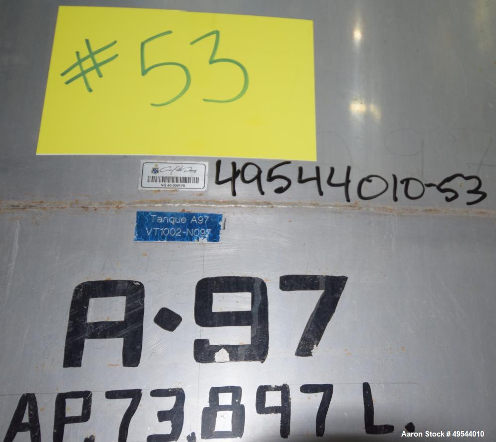 Used Tank, Approximate 19,500 Gallon, 14 Gauge Stainless steel, Vertical. Approximate 130” diameter x 336” straight side, coned top, 7” sloped bottom. Openings top 16” man way no cover and approximat...
