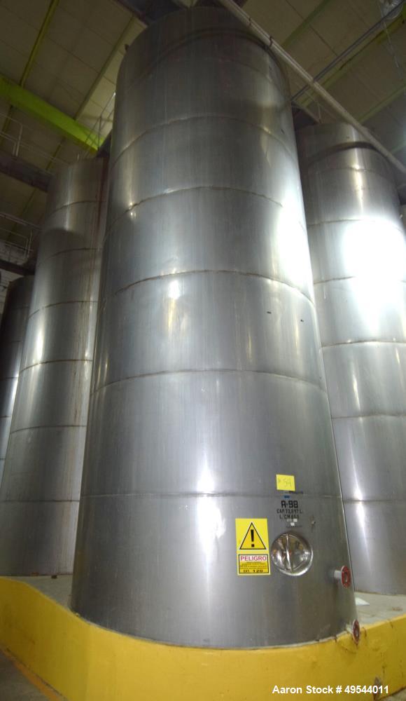 Used Tank, Approximate 19,500 Gallon, 14 Gauge Stainless steel, Vertical. Approximate 130” diameter x 336” straight side, coned top, 7” sloped bottom. Openings top 16” man way with cover and approxim...