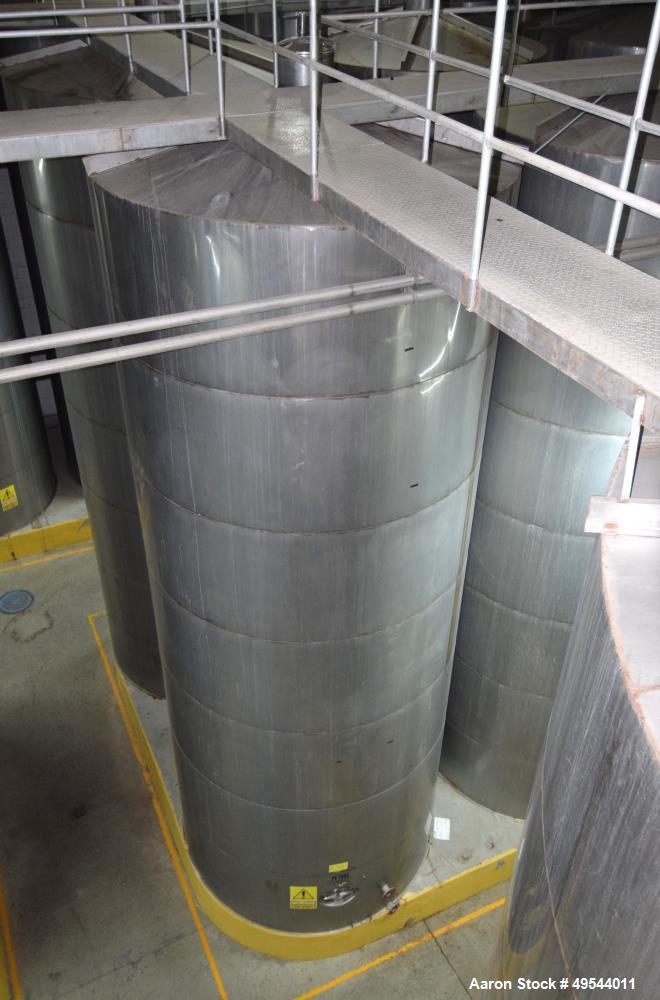 Used Tank, Approximate 19,500 Gallon, 14 Gauge Stainless steel, Vertical. Approximate 130” diameter x 336” straight side, coned top, 7” sloped bottom. Openings top 16” man way with cover and approxim...
