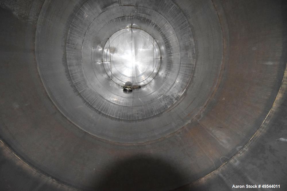 Used Tank, Approximate 19,500 Gallon, 14 Gauge Stainless steel, Vertical. Approximate 130” diameter x 336” straight side, coned top, 7” sloped bottom. Openings top 16” man way with cover and approxim...