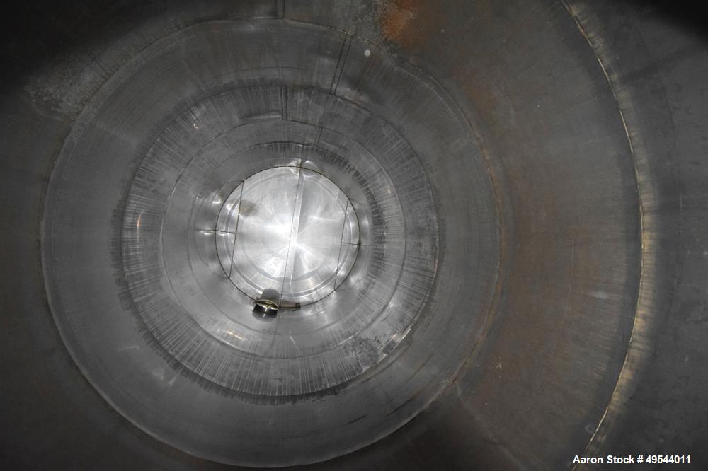 Used Tank, Approximate 19,500 Gallon, 14 Gauge Stainless steel, Vertical. Approximate 130” diameter x 336” straight side, coned top, 7” sloped bottom. Openings top 16” man way with cover and approxim...