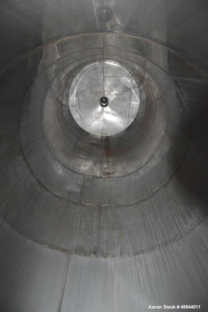 Used Tank, Approximate 19,500 Gallon, 14 Gauge Stainless steel, Vertical. Approximate 130” diameter x 336” straight side, coned top, 7” sloped bottom. Openings top 16” man way with cover and approxim...