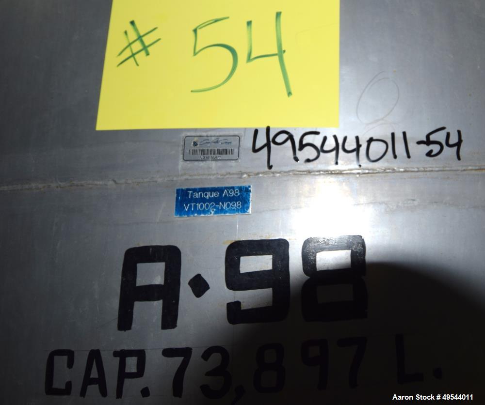 Used Tank, Approximate 19,500 Gallon, 14 Gauge Stainless steel, Vertical. Approximate 130” diameter x 336” straight side, coned top, 7” sloped bottom. Openings top 16” man way with cover and approxim...