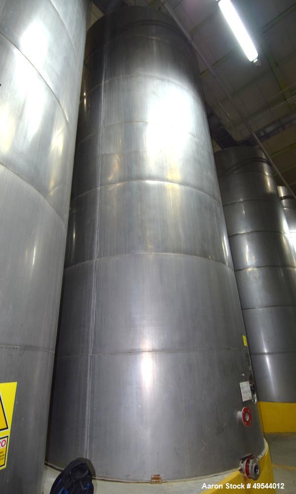 Used Tank, Approximate 19,500 Gallon, 14 Gauge Stainless steel, Vertical. Approximate 130” diameter x 336” straight side, coned top, 7” sloped bottom. Openings top 16” man way with cover and approxim...