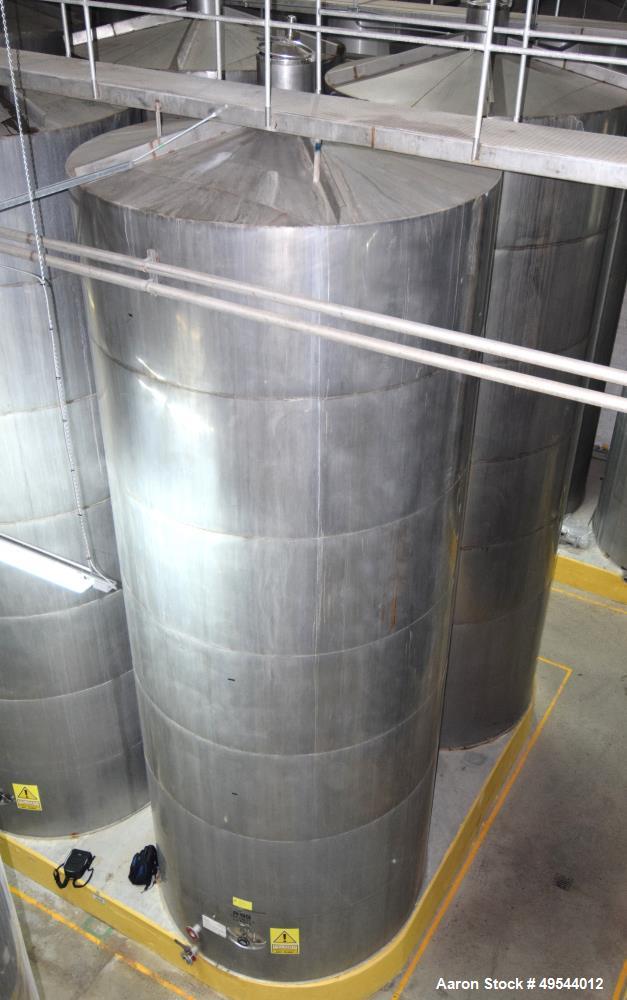 Used Tank, Approximate 19,500 Gallon, 14 Gauge Stainless steel, Vertical. Approximate 130” diameter x 336” straight side, coned top, 7” sloped bottom. Openings top 16” man way with cover and approxim...