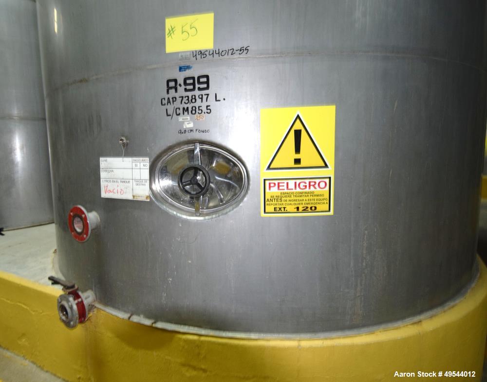 Used Tank, Approximate 19,500 Gallon, 14 Gauge Stainless steel, Vertical. Approximate 130” diameter x 336” straight side, coned top, 7” sloped bottom. Openings top 16” man way with cover and approxim...