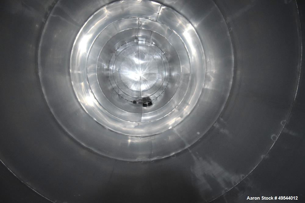 Used Tank, Approximate 19,500 Gallon, 14 Gauge Stainless steel, Vertical. Approximate 130” diameter x 336” straight side, coned top, 7” sloped bottom. Openings top 16” man way with cover and approxim...