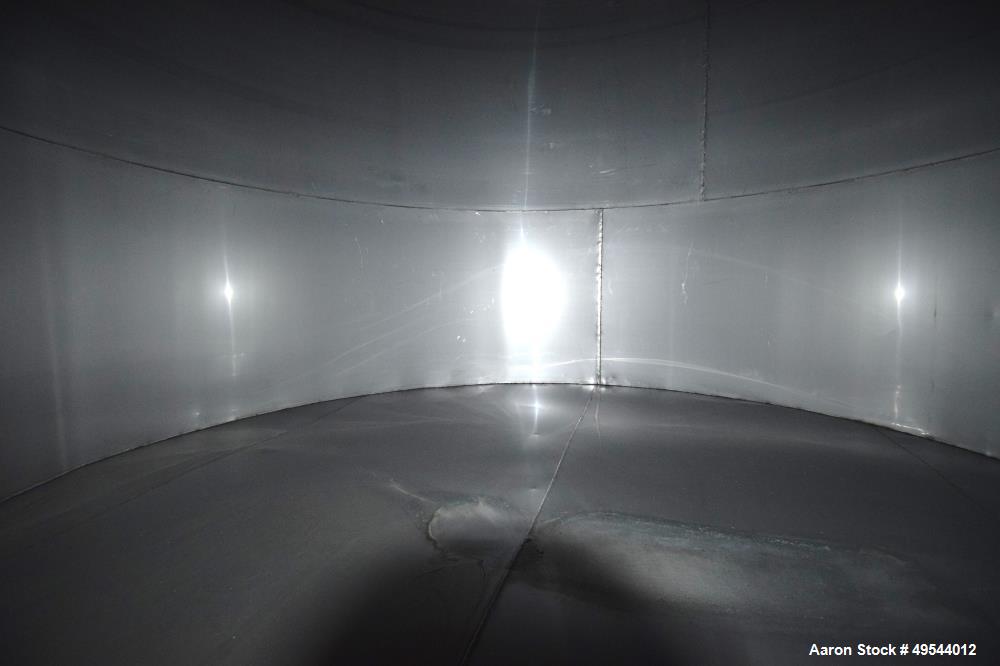 Used Tank, Approximate 19,500 Gallon, 14 Gauge Stainless steel, Vertical. Approximate 130” diameter x 336” straight side, coned top, 7” sloped bottom. Openings top 16” man way with cover and approxim...