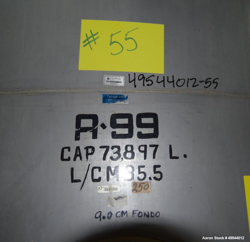 Used Tank, Approximate 19,500 Gallon, 14 Gauge Stainless steel, Vertical. Approximate 130” diameter x 336” straight side, coned top, 7” sloped bottom. Openings top 16” man way with cover and approxim...