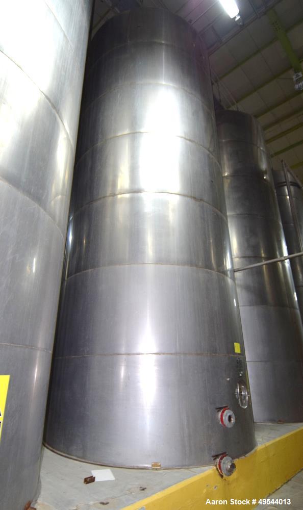 Used Tank, Approximate 19,500 Gallon, 14 Gauge Stainless steel, Vertical. Approximate 130” diameter x 336” straight side, coned top, 7” sloped bottom. Openings top 16” man way with cover and approxim...