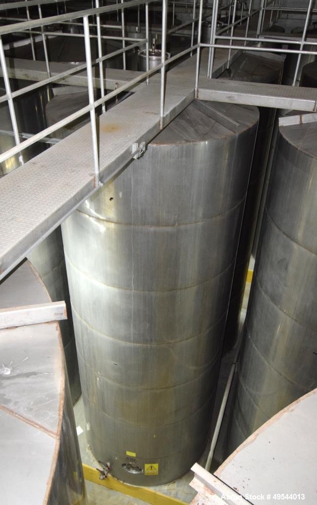 Used Tank, Approximate 19,500 Gallon, 14 Gauge Stainless steel, Vertical. Approximate 130” diameter x 336” straight side, coned top, 7” sloped bottom. Openings top 16” man way with cover and approxim...