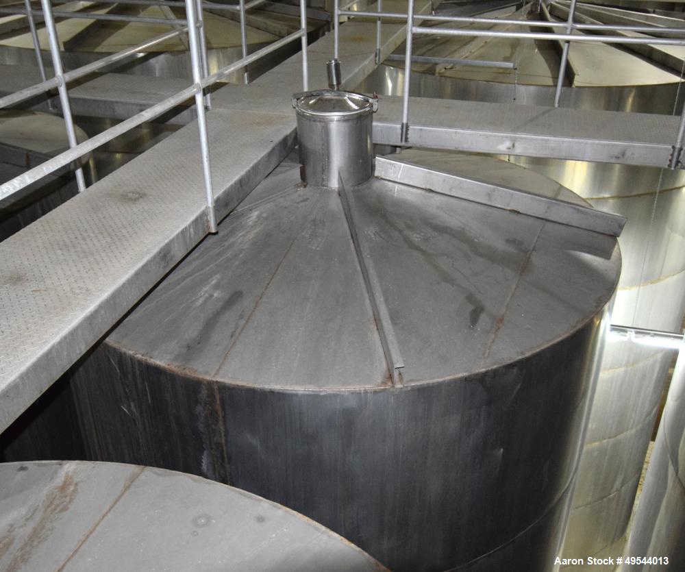Used Tank, Approximate 19,500 Gallon, 14 Gauge Stainless steel, Vertical. Approximate 130” diameter x 336” straight side, coned top, 7” sloped bottom. Openings top 16” man way with cover and approxim...