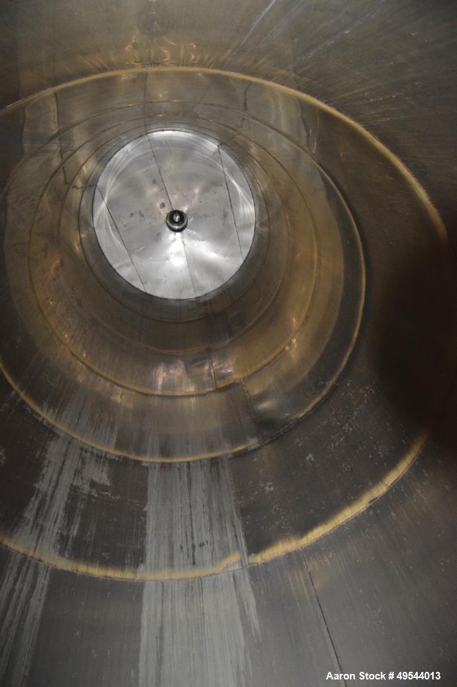 Used Tank, Approximate 19,500 Gallon, 14 Gauge Stainless steel, Vertical. Approximate 130” diameter x 336” straight side, coned top, 7” sloped bottom. Openings top 16” man way with cover and approxim...