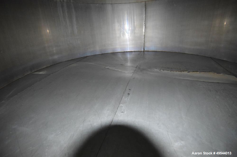 Used Tank, Approximate 19,500 Gallon, 14 Gauge Stainless steel, Vertical. Approximate 130” diameter x 336” straight side, coned top, 7” sloped bottom. Openings top 16” man way with cover and approxim...