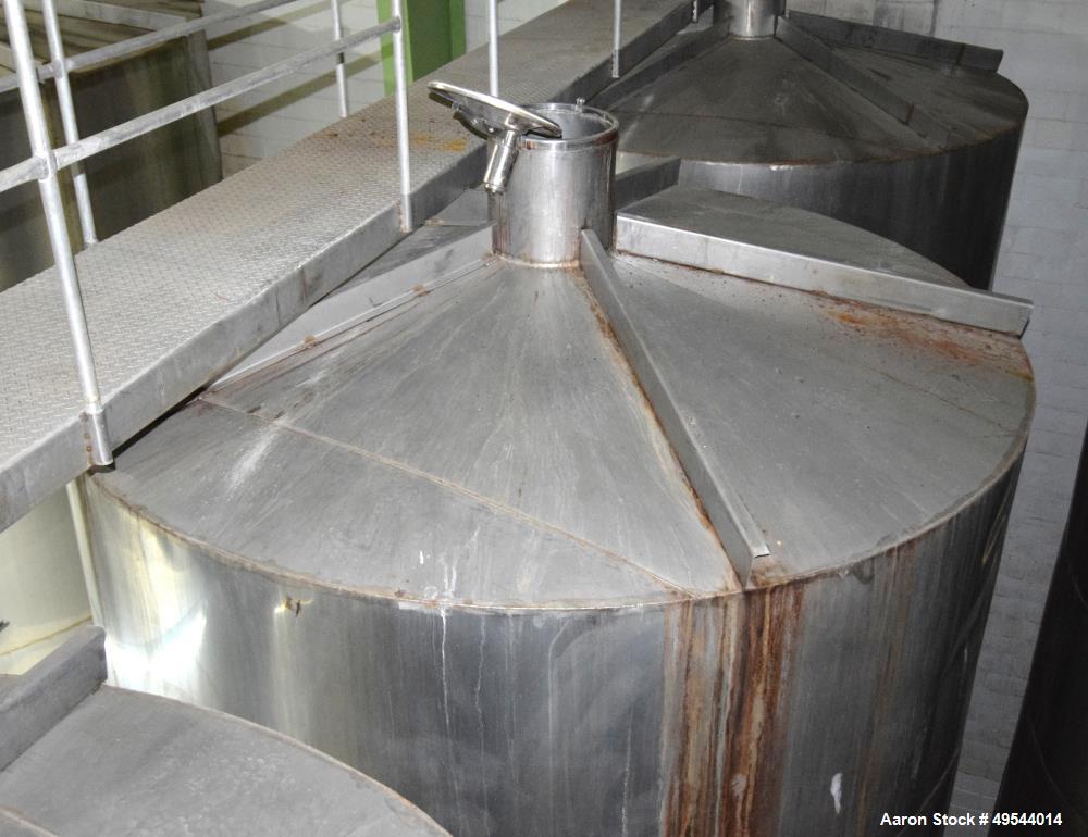 Used Tank, Approximate 19,500 Gallon, 14 Gauge Stainless steel, Vertical. Approximate 130” diameter x 336” straight side, coned top, 7” sloped bottom. Openings top 16” man way with cover and approxim...