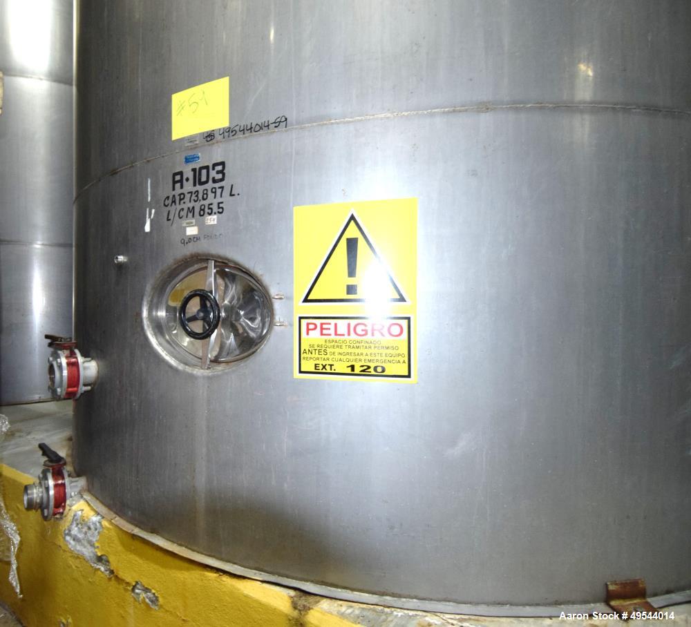 Used Tank, Approximate 19,500 Gallon, 14 Gauge Stainless steel, Vertical. Approximate 130” diameter x 336” straight side, coned top, 7” sloped bottom. Openings top 16” man way with cover and approxim...