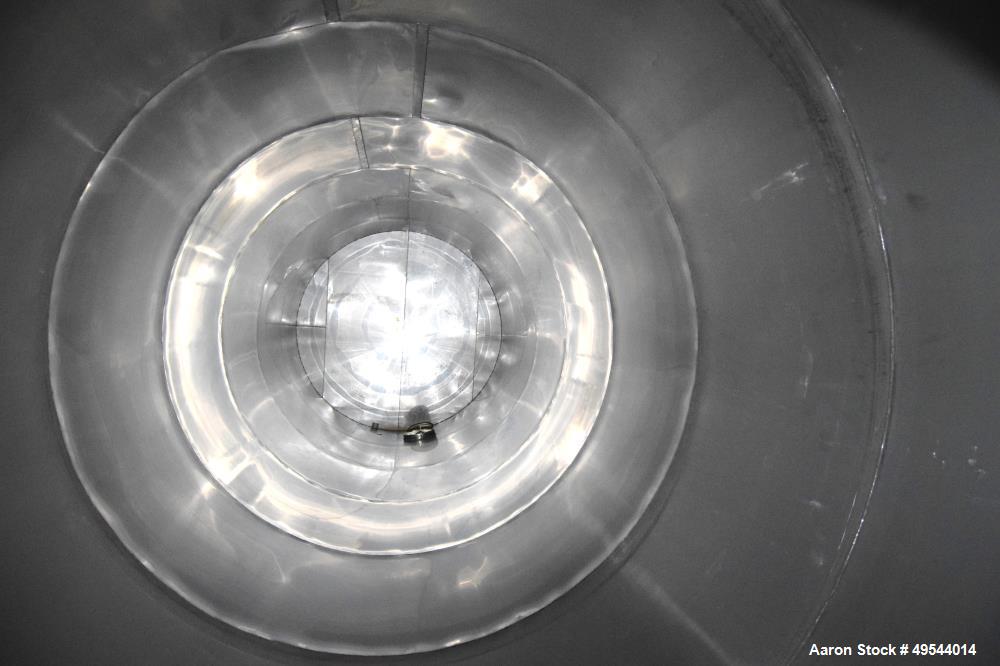 Used Tank, Approximate 19,500 Gallon, 14 Gauge Stainless steel, Vertical. Approximate 130” diameter x 336” straight side, coned top, 7” sloped bottom. Openings top 16” man way with cover and approxim...