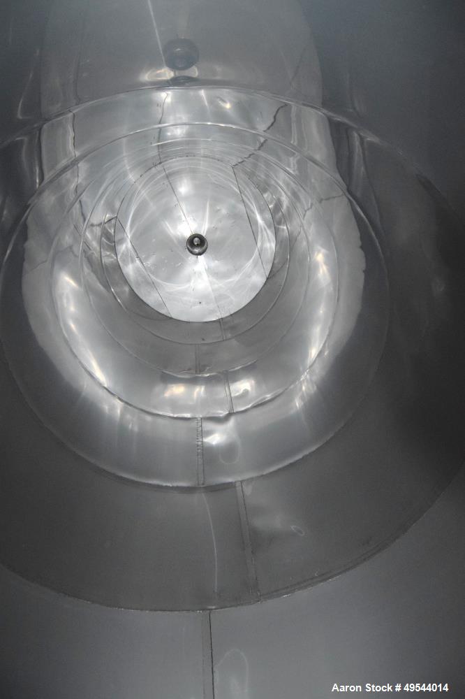 Used Tank, Approximate 19,500 Gallon, 14 Gauge Stainless steel, Vertical. Approximate 130” diameter x 336” straight side, coned top, 7” sloped bottom. Openings top 16” man way with cover and approxim...