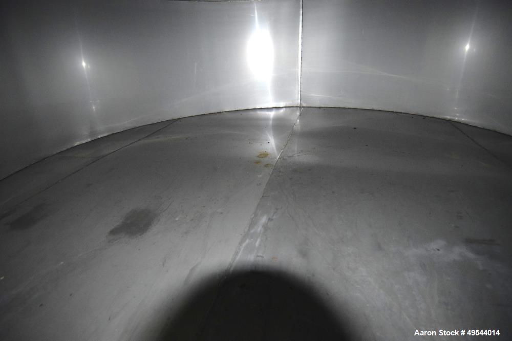 Used Tank, Approximate 19,500 Gallon, 14 Gauge Stainless steel, Vertical. Approximate 130” diameter x 336” straight side, coned top, 7” sloped bottom. Openings top 16” man way with cover and approxim...