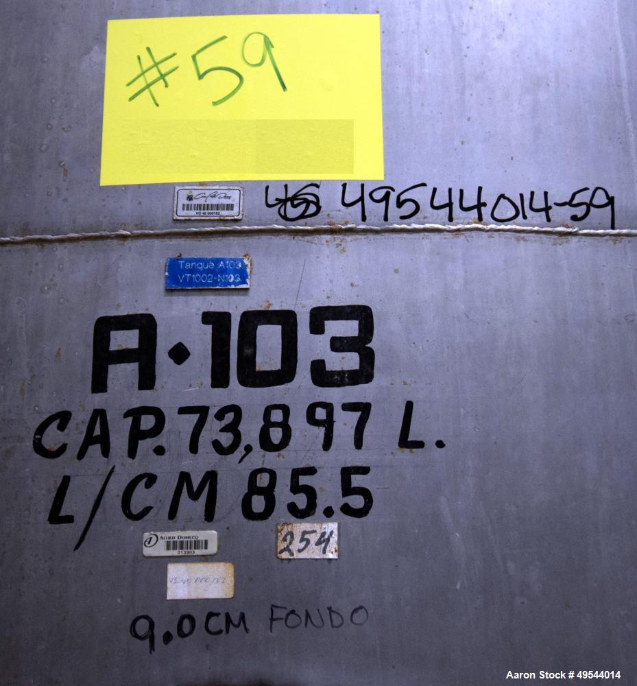 Used Tank, Approximate 19,500 Gallon, 14 Gauge Stainless steel, Vertical. Approximate 130” diameter x 336” straight side, coned top, 7” sloped bottom. Openings top 16” man way with cover and approxim...
