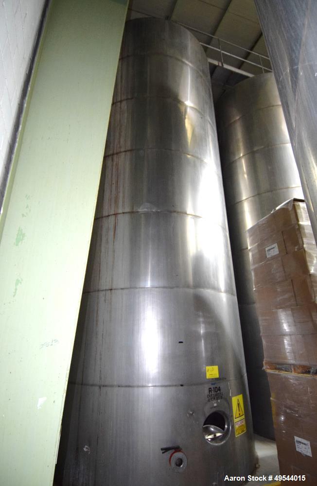 Used Tank, Approximate 19,500 Gallon, 14 Gauge Stainless steel, Vertical. Approximate 130” diameter x 336” straight side, coned top, 7” sloped bottom. Openings top 16” man way with cover and approxim...