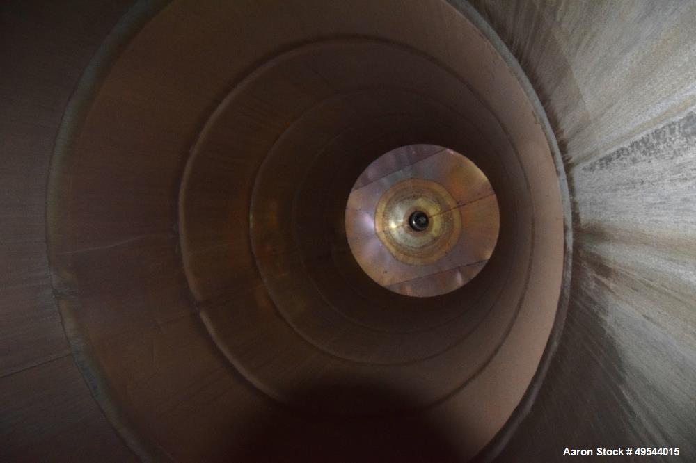 Used Tank, Approximate 19,500 Gallon, 14 Gauge Stainless steel, Vertical. Approximate 130” diameter x 336” straight side, coned top, 7” sloped bottom. Openings top 16” man way with cover and approxim...