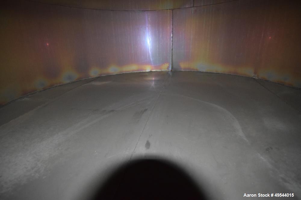 Used Tank, Approximate 19,500 Gallon, 14 Gauge Stainless steel, Vertical. Approximate 130” diameter x 336” straight side, coned top, 7” sloped bottom. Openings top 16” man way with cover and approxim...