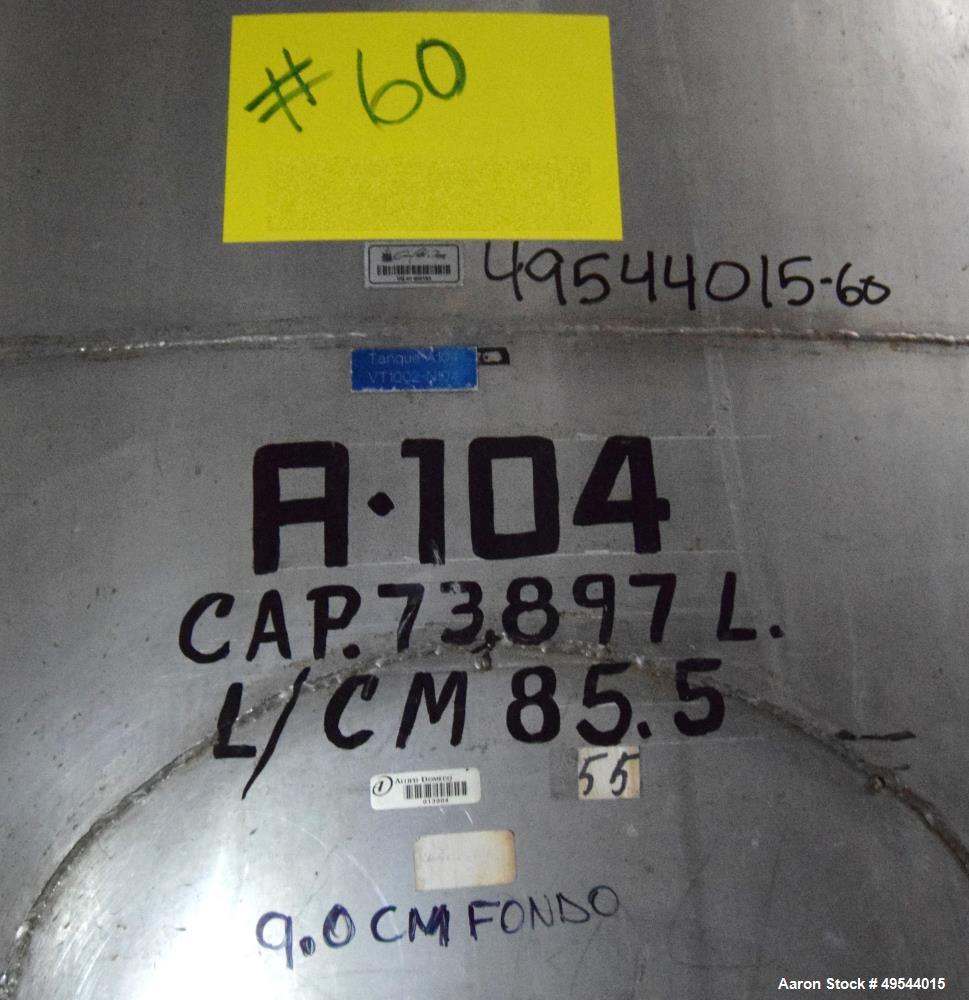 Used Tank, Approximate 19,500 Gallon, 14 Gauge Stainless steel, Vertical. Approximate 130” diameter x 336” straight side, coned top, 7” sloped bottom. Openings top 16” man way with cover and approxim...