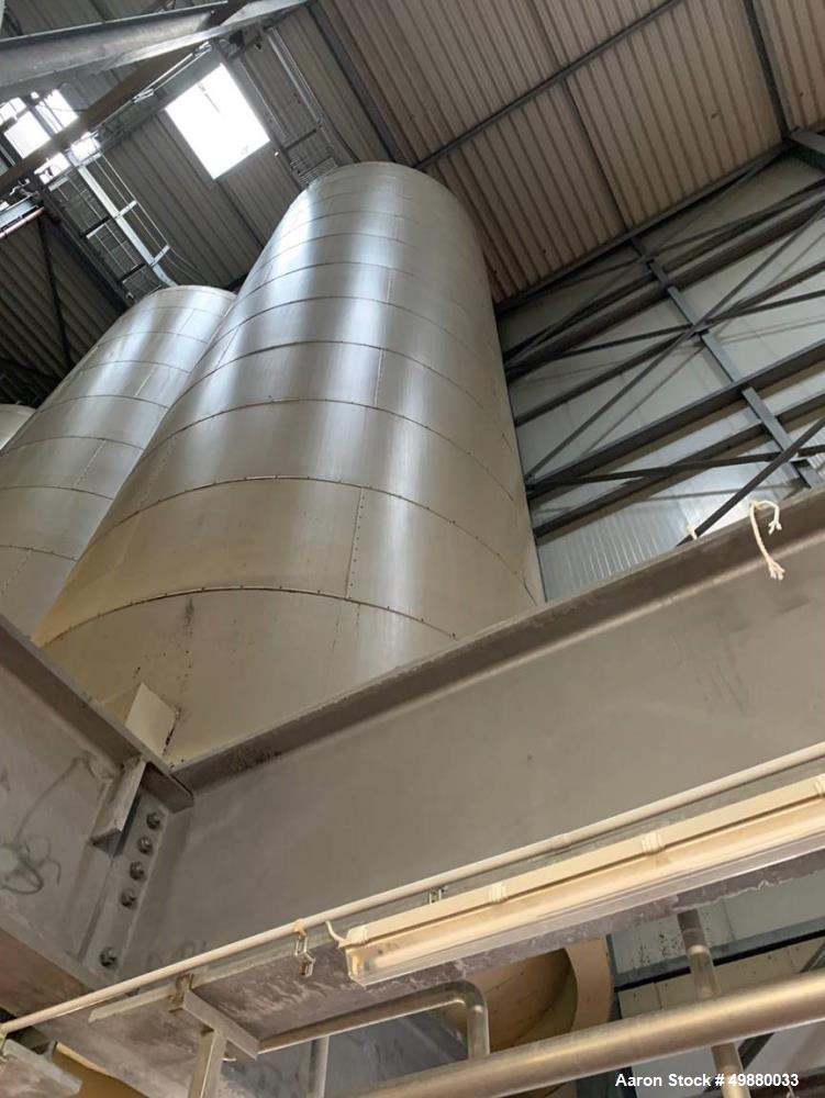 Holvrieka vertical tank, Total capacity 33597 gallon/127000 liter, working capacity 33333 gallon/126000 liter. 304 stainless steel on product contact parts. Jacketed rated for 30 PSI (2 bar) 124" dia...